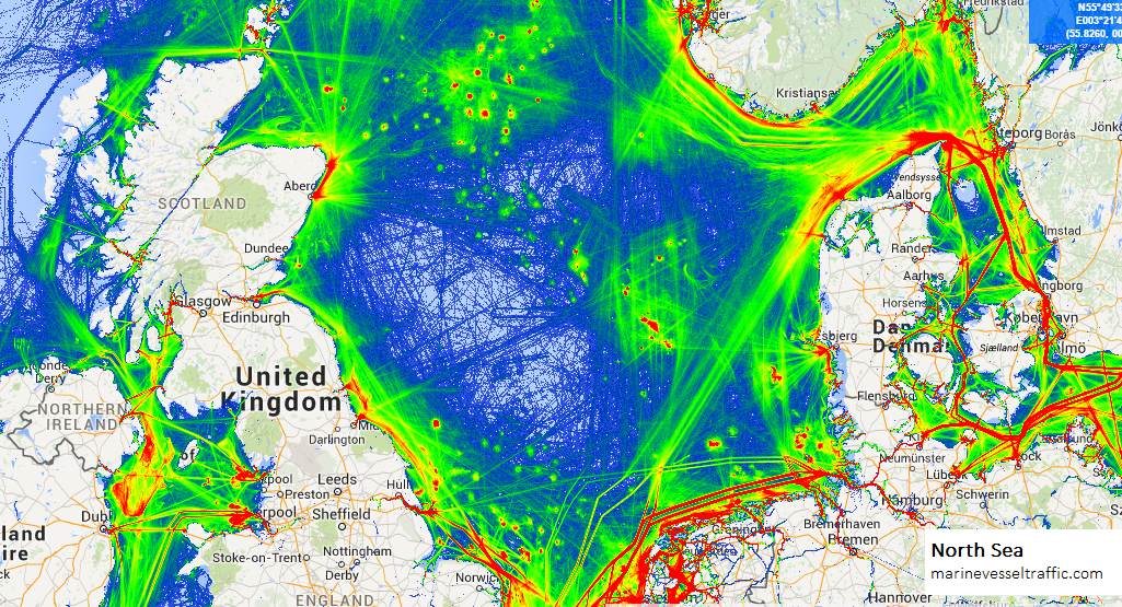 Live Marine Traffic, Density Map and Current Position of ships in NORTH SEA